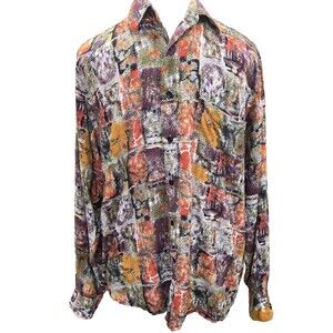 90s Vintage Perruzo Men's Sz Small Abstract Art Button Up Rayon Made in Korea